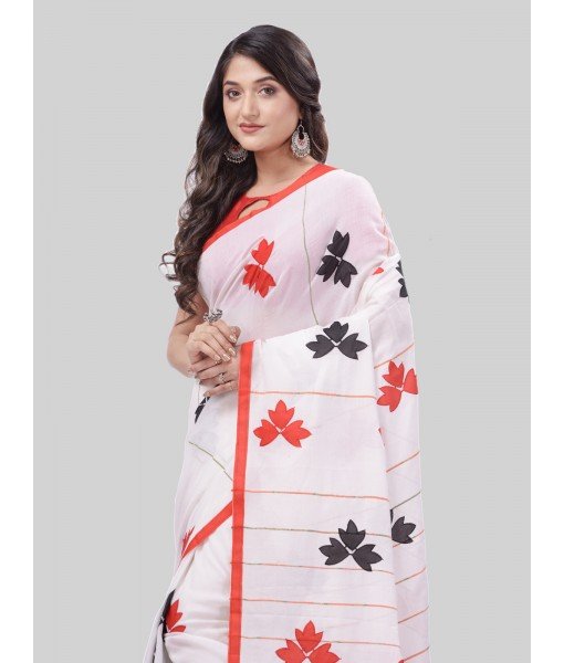DESH BIDESH Women`s Bengali Khesh Pure Cotton Handloom Saree Tri Flower Designed With Blouse Piece (White Red Black)
